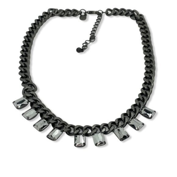 Black Chunky Chain Event Necklace With Rectangular Crystal Accents Evening - Picture 1 of 4
